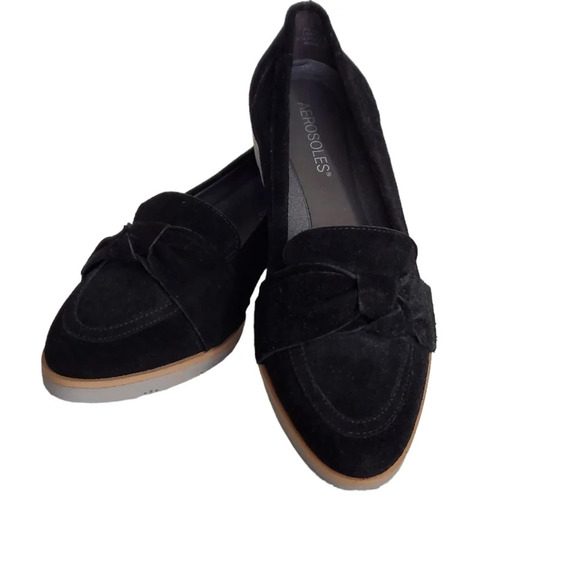 Aerosoles Black Suede Sidewalk Bow Trim Pointed Toe Small Wedge Loafers Slip Ons - Picture 13 of 14